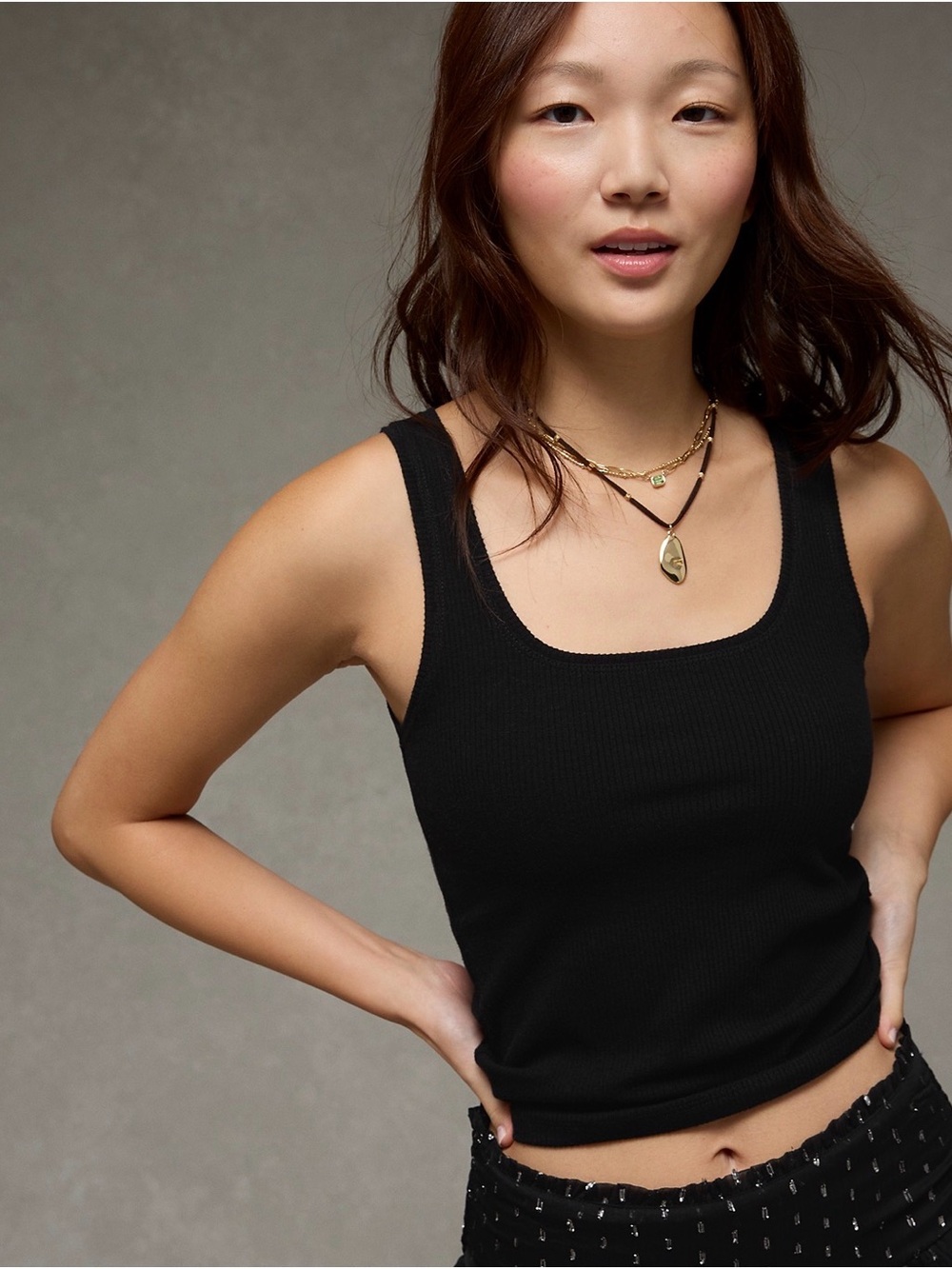 American Eagle Black Ribbed Square-Neck Tank Top
